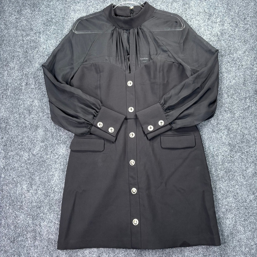 Bebe Black Skort Romper Sheer Mesh Long Sleeve Button Front Dress Size 10